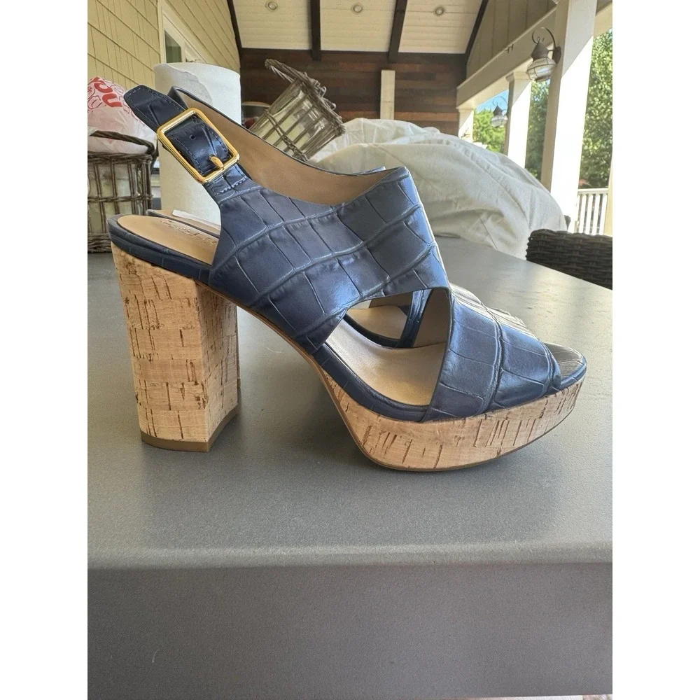 Lauren Ralph Lauren Feona blue Embossed Platform Sandals Buff Size 6